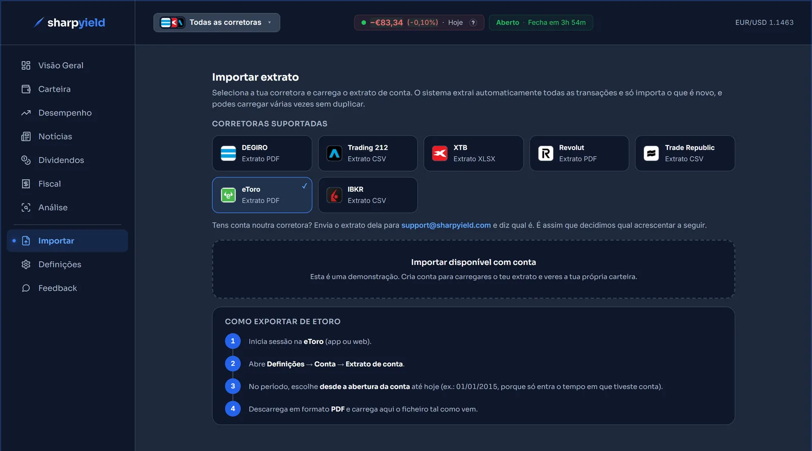 O ecrã de importação do Sharpyield com a eToro escolhida entre as corretoras suportadas e os quatro passos para exportar o extrato de conta em PDF