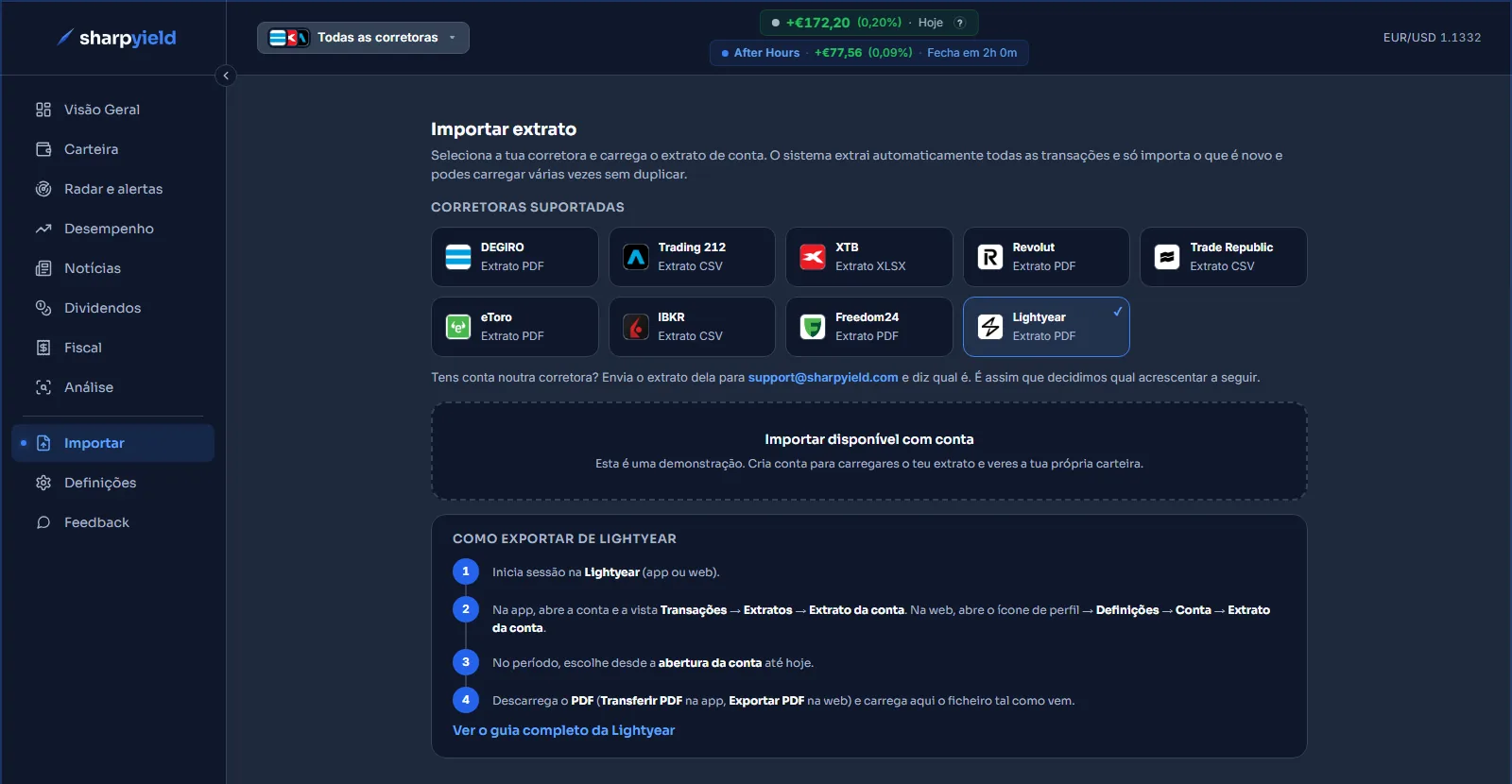 O ecrã de importação do Sharpyield com a Lightyear escolhida entre as corretoras suportadas e os quatro passos para exportar o Extrato da conta em PDF