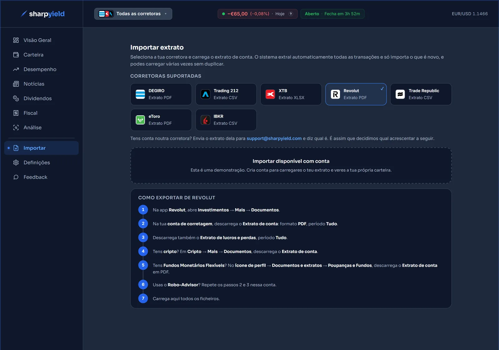 O ecrã de importação do Sharpyield com a Revolut escolhida entre as corretoras suportadas e os sete passos para exportar os extratos da conta de corretagem, da cripto e dos Fundos Monetários Flexíveis