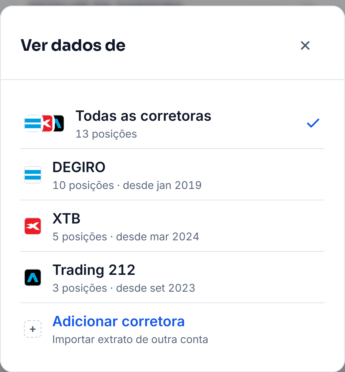 O seletor das corretoras aberto na carteira de demonstração, com a carteira inteira de treze posições, a DEGIRO com dez, a XTB com cinco e a Trading 212 com três