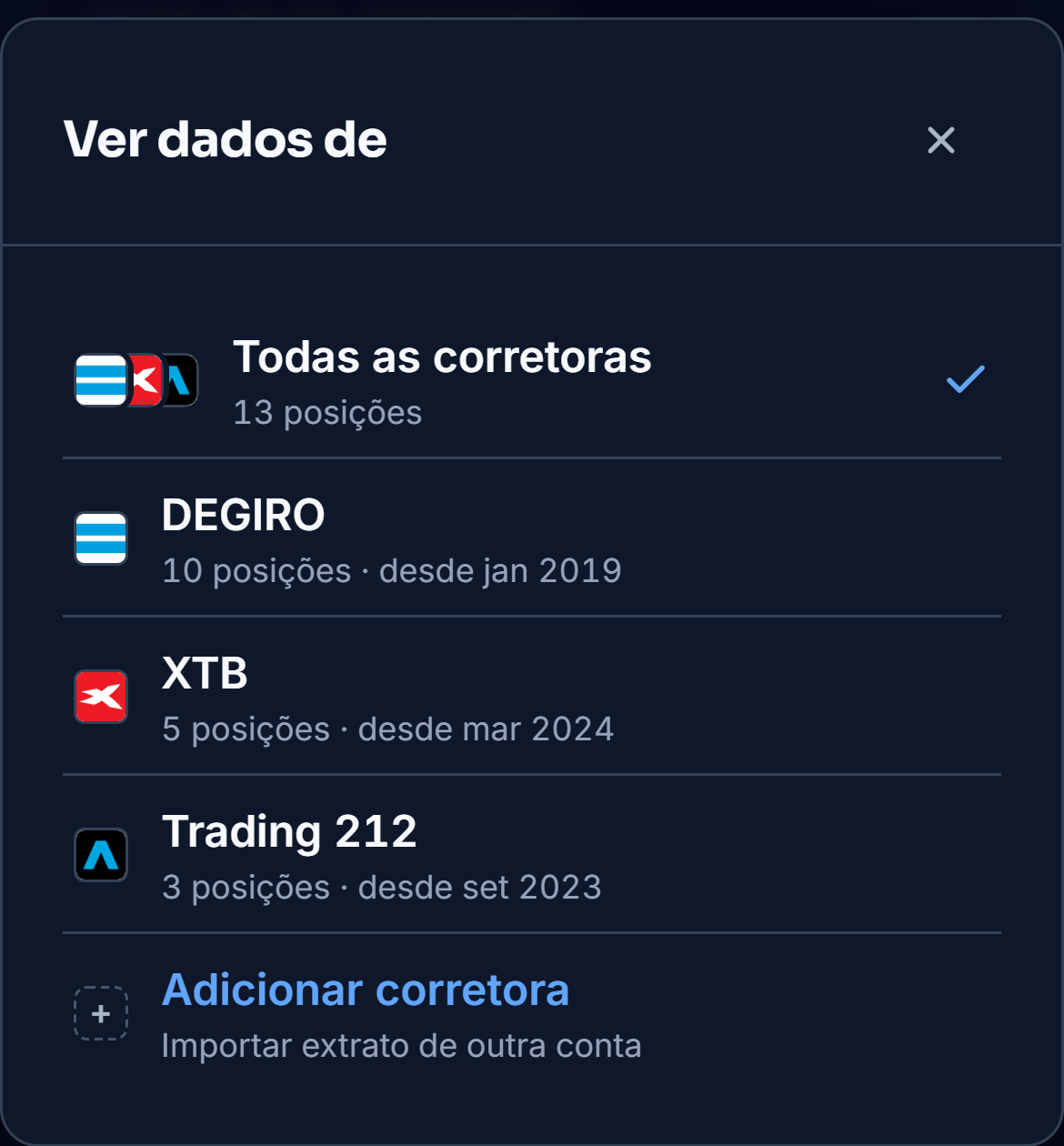O seletor das corretoras aberto na carteira de demonstração, com a carteira inteira de treze posições, a DEGIRO com dez, a XTB com cinco e a Trading 212 com três