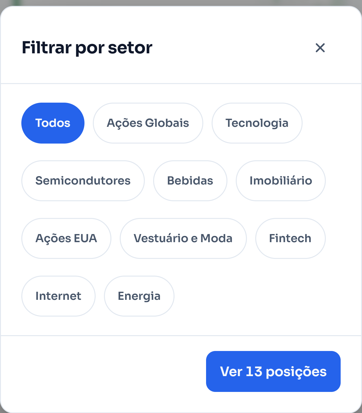 As pílulas dos setores no separador Carteira da carteira de demonstração. A Tecnologia deixa a Microsoft e a Apple, com o total do filtro e o que fica fora dele. Os Semicondutores juntam a NVIDIA e a ASML, as Ações Globais juntam o VWCE. Por fim, Todos volta à carteira inteira