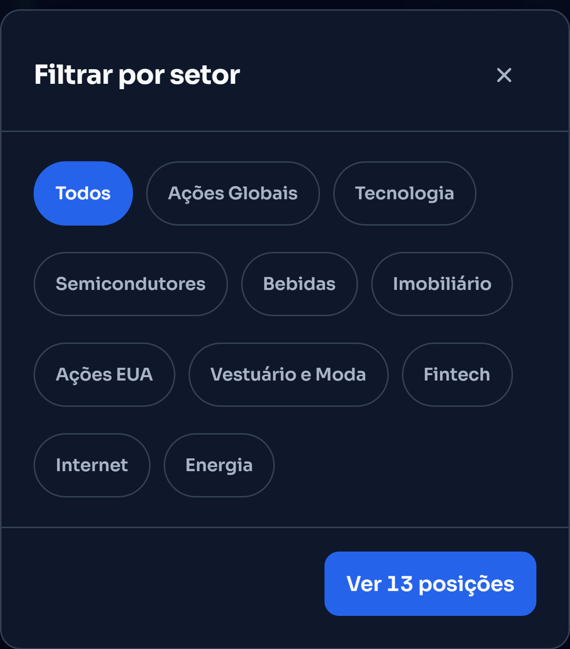 As pílulas dos setores no separador Carteira da carteira de demonstração. A Tecnologia deixa a Microsoft e a Apple, com o total do filtro e o que fica fora dele. Os Semicondutores juntam a NVIDIA e a ASML, as Ações Globais juntam o VWCE. Por fim, Todos volta à carteira inteira