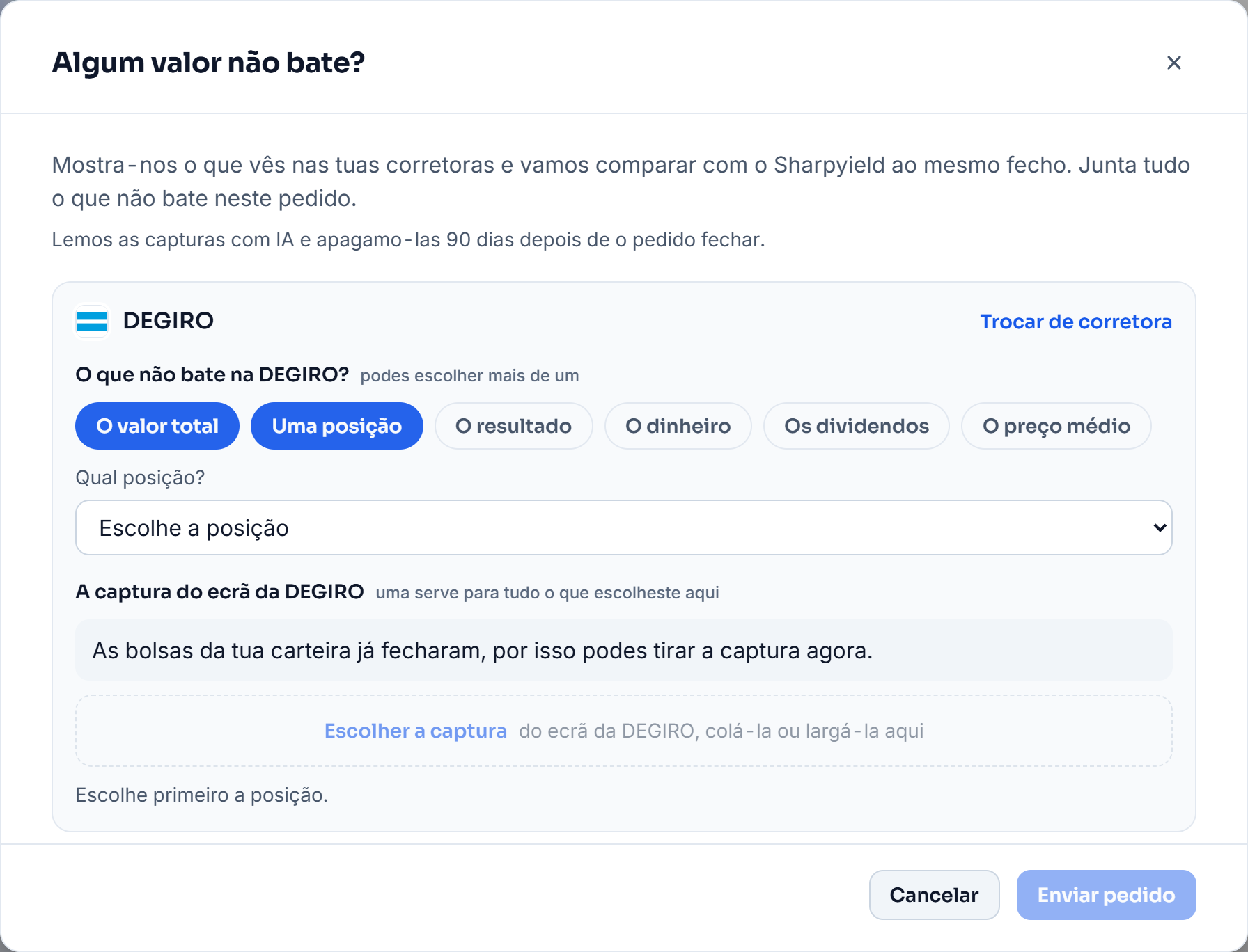A janela «Algum valor não bate?» da DEGIRO: o valor total e uma posição escolhidos como o que não bate, com a escolha da posição e o lugar da captura do ecrã por baixo