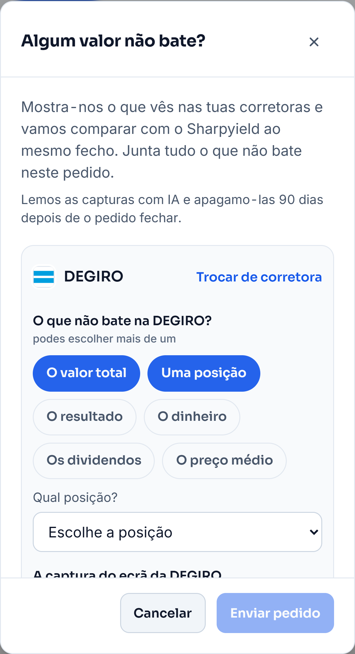 A janela «Algum valor não bate?» da DEGIRO: o valor total e uma posição escolhidos como o que não bate, com a escolha da posição e o lugar da captura do ecrã por baixo