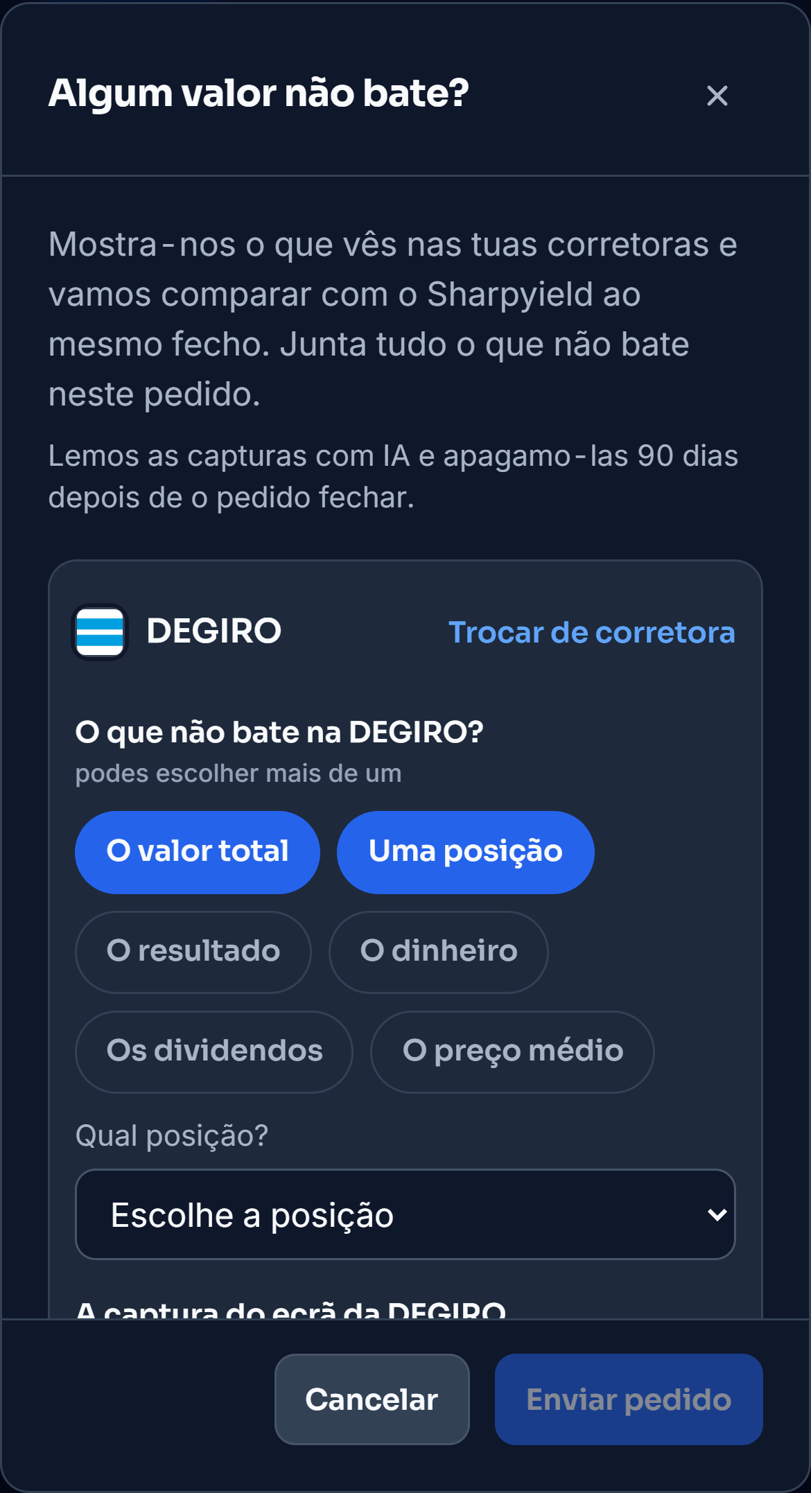 A janela «Algum valor não bate?» da DEGIRO: o valor total e uma posição escolhidos como o que não bate, com a escolha da posição e o lugar da captura do ecrã por baixo