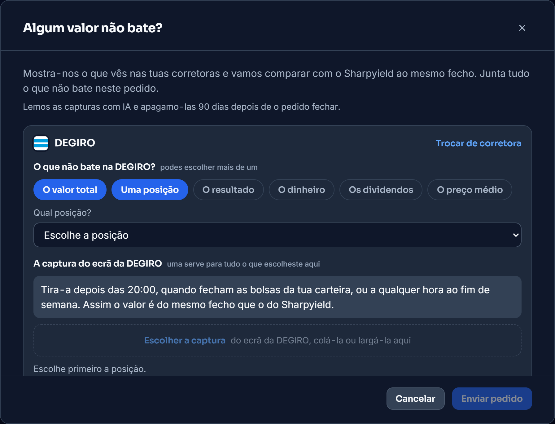 A janela «Algum valor não bate?» da DEGIRO: o valor total e uma posição escolhidos como o que não bate, com a escolha da posição e o lugar da captura do ecrã por baixo