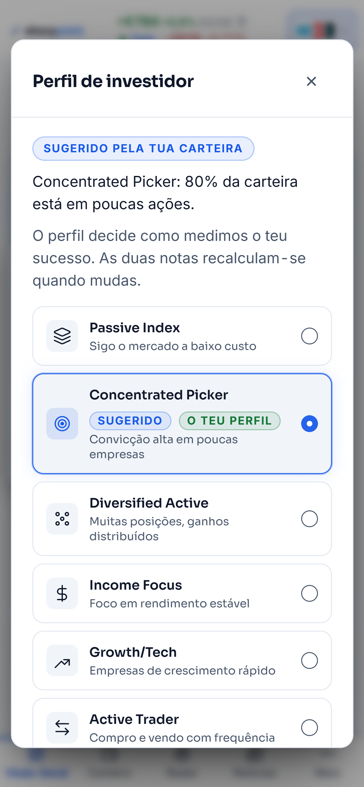 A janela dos perfis da carteira de demonstração: o Concentrated Picker sugerido, porque 80% da carteira está em poucas ações, a lista dos seis perfis e, ao lado, o que as notas medem nesse perfil