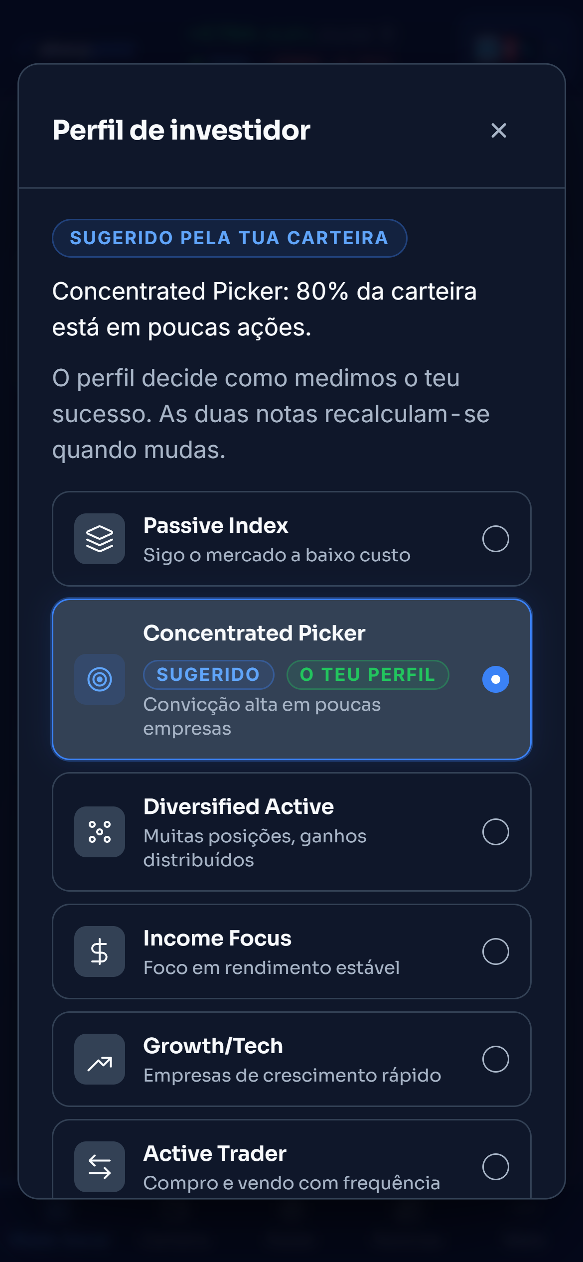 A janela dos perfis da carteira de demonstração: o Concentrated Picker sugerido, porque 80% da carteira está em poucas ações, a lista dos seis perfis e, ao lado, o que as notas medem nesse perfil
