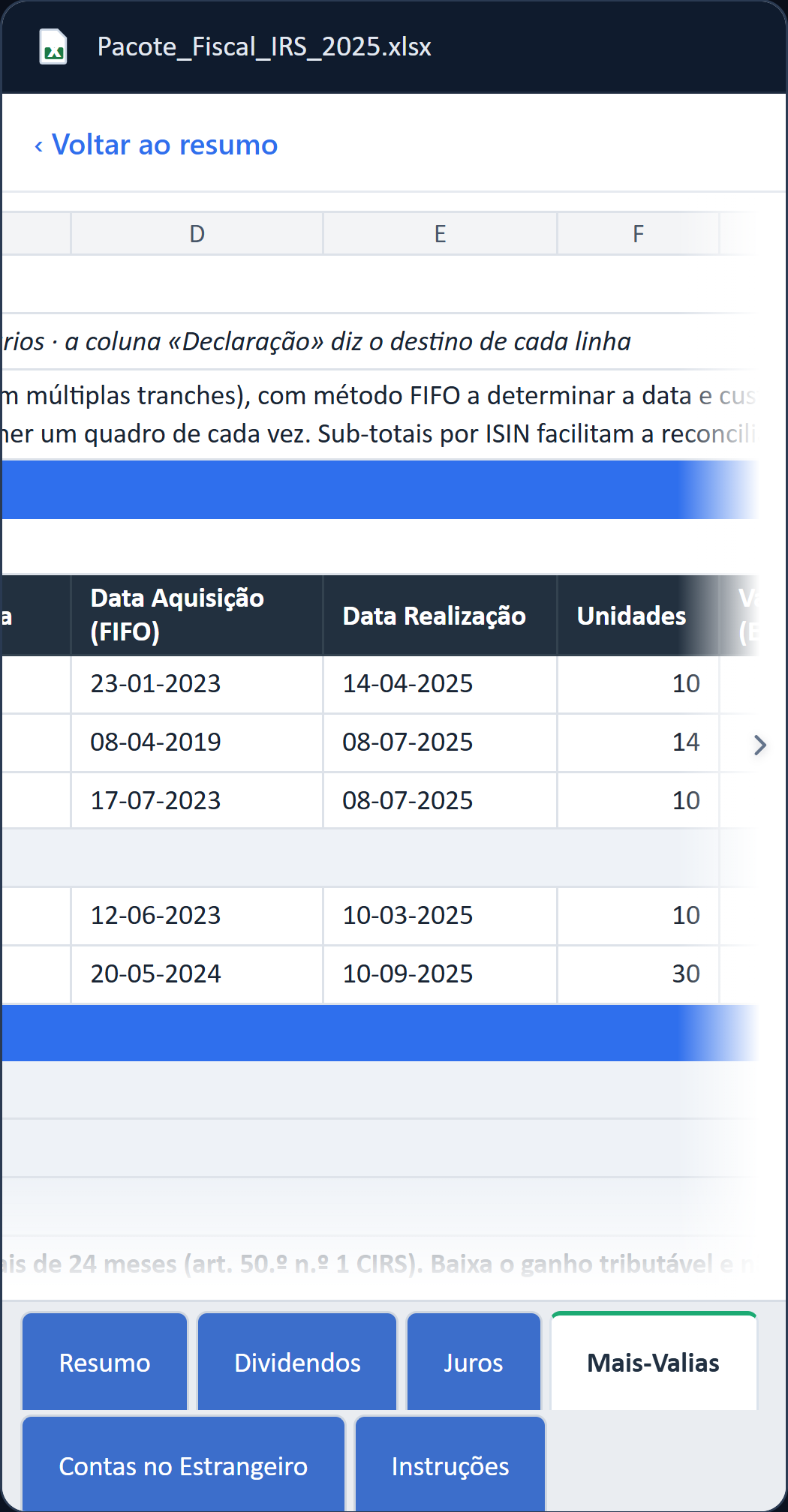 A folha das mais-valias do Pacote Fiscal de 2025 no exemplo: cada venda com a data da compra pelo FIFO, a data da venda, as unidades, os valores, o ganho ou a perda, o prazo e a taxa, com a Johnson & Johnson em duas linhas