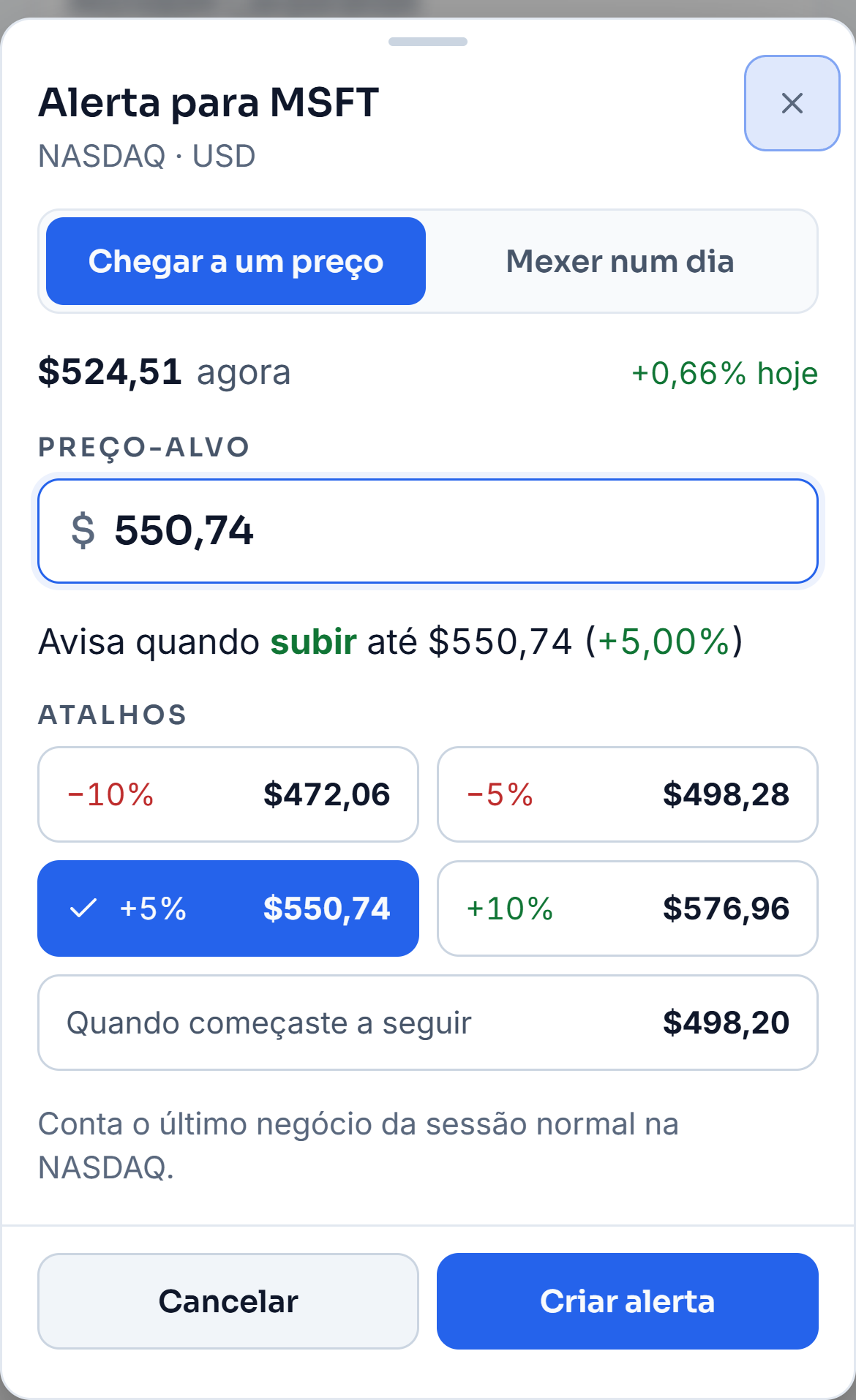 A janela do alerta da Microsoft no Radar da carteira de demonstração. O atalho de mais 5% escreve o preço e a frase diz quando avisa. No «Mexer num dia» escolhem-se 10% e só a subida