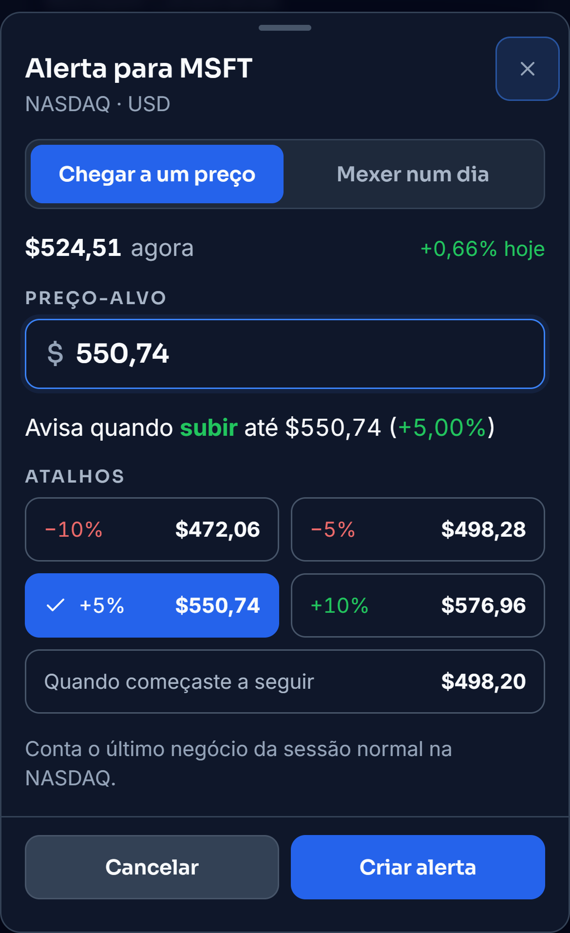 A janela do alerta da Microsoft no Radar da carteira de demonstração. O atalho de mais 5% escreve o preço e a frase diz quando avisa. No «Mexer num dia» escolhem-se 10% e só a subida