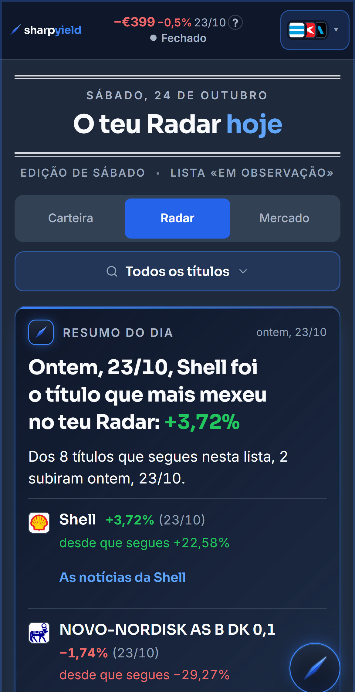 A vista Radar das Notícias da carteira de demonstração. O topo diz que a Shell foi o título que mais mexeu e a página desce pelas notícias dos títulos seguidos
