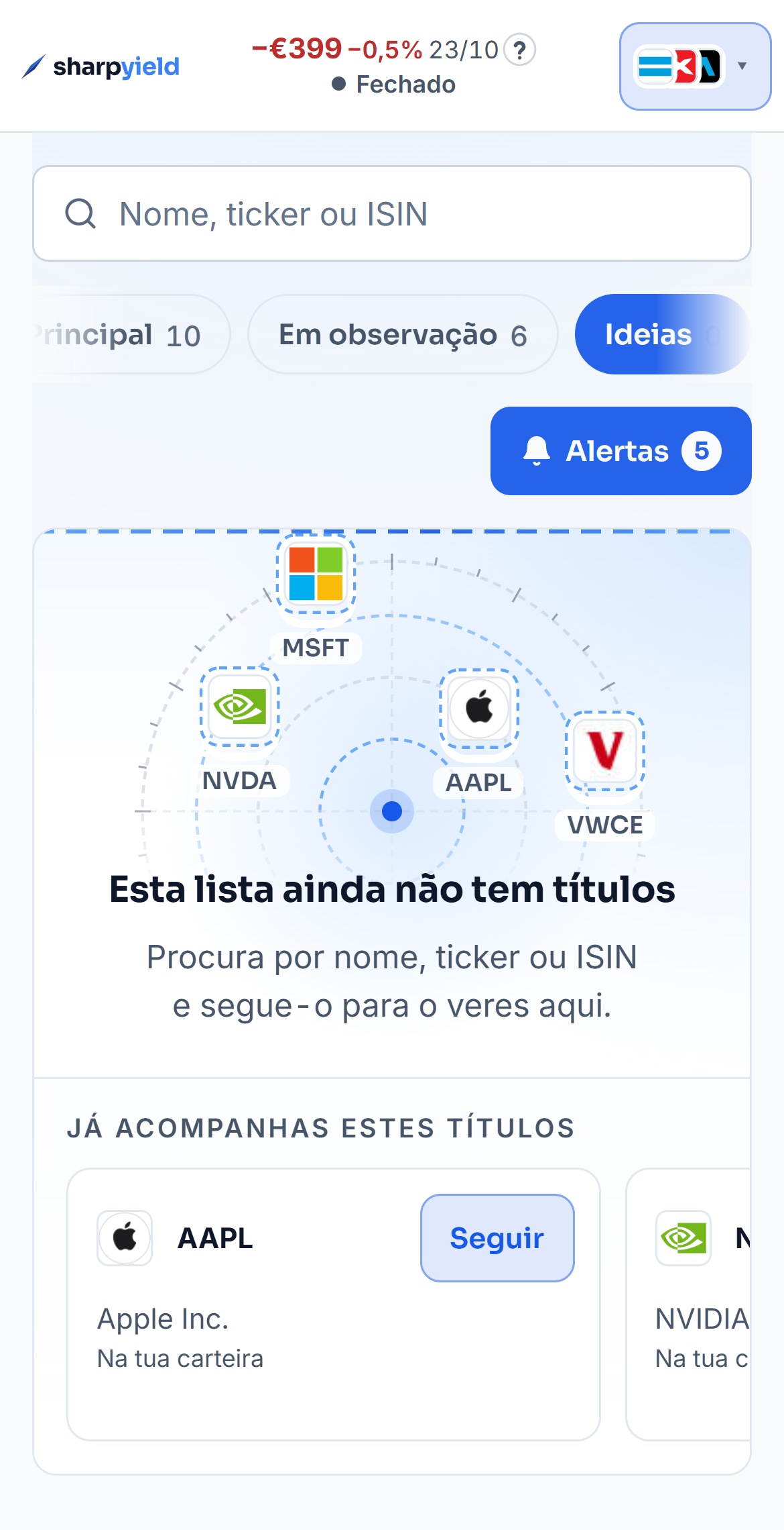 O Radar da carteira de demonstração com a lista Ideias vazia. A pesquisa encontra a Tesla, o «Seguir» abre as listas, a Tesla entra nas Ideias e depois deixa de ser seguida