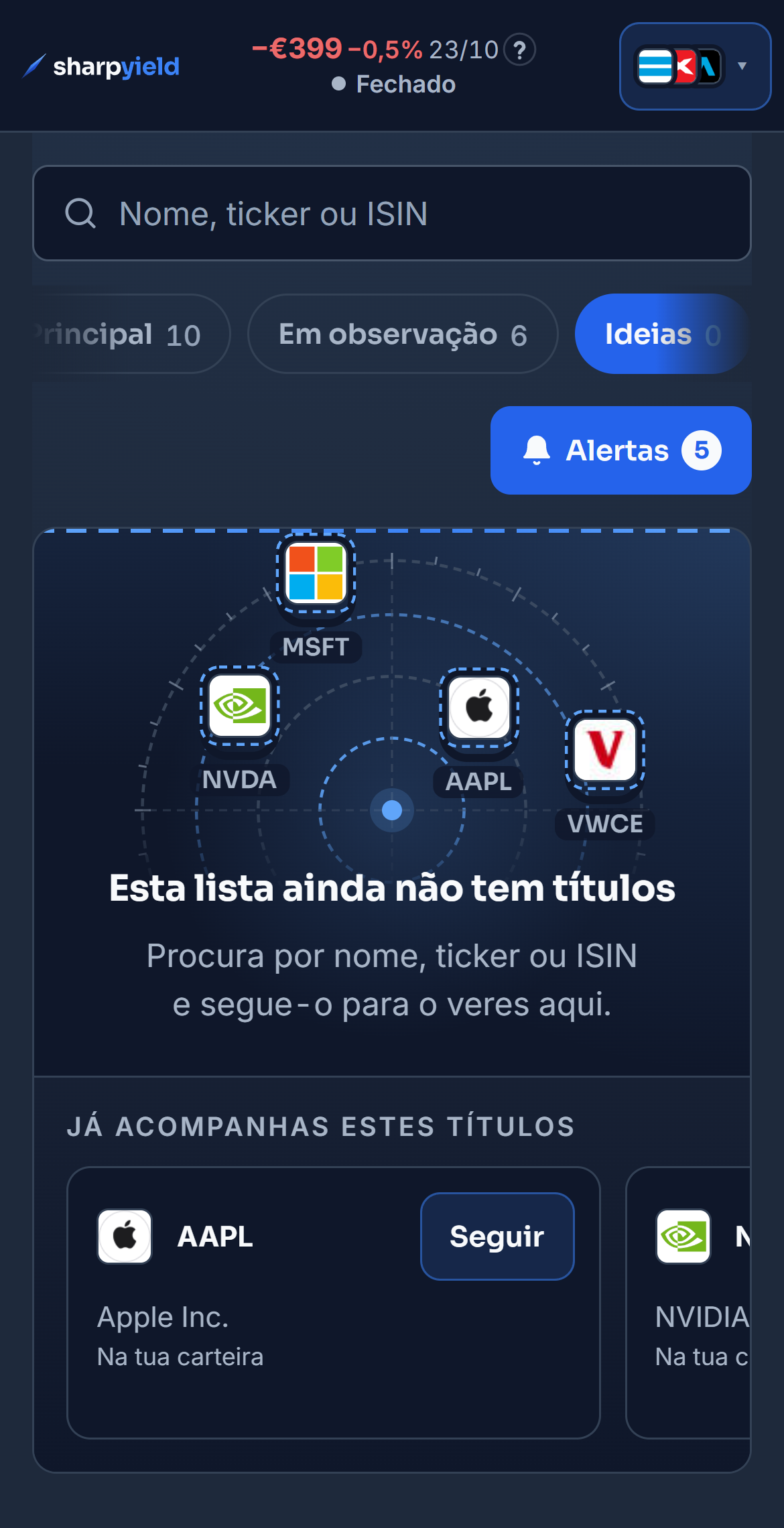 O Radar da carteira de demonstração com a lista Ideias vazia. A pesquisa encontra a Tesla, o «Seguir» abre as listas, a Tesla entra nas Ideias e depois deixa de ser seguida