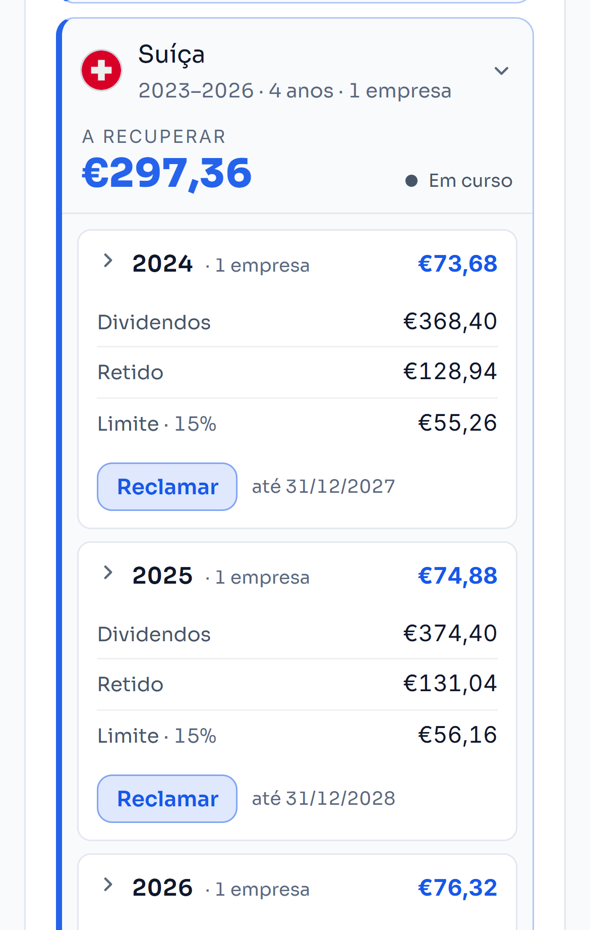 A Suíça aberta ano a ano na retenção na fonte a recuperar do exemplo: de 2023 a 2026, o dividendo da Nestlé, o imposto retido, o limite de 15% do acordo, o valor a recuperar e o estado de cada ano