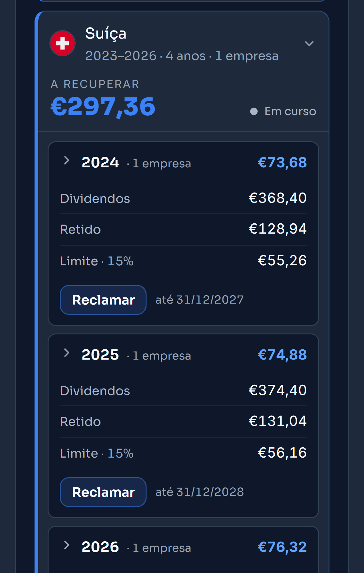 A Suíça aberta ano a ano na retenção na fonte a recuperar do exemplo: de 2023 a 2026, o dividendo da Nestlé, o imposto retido, o limite de 15% do acordo, o valor a recuperar e o estado de cada ano