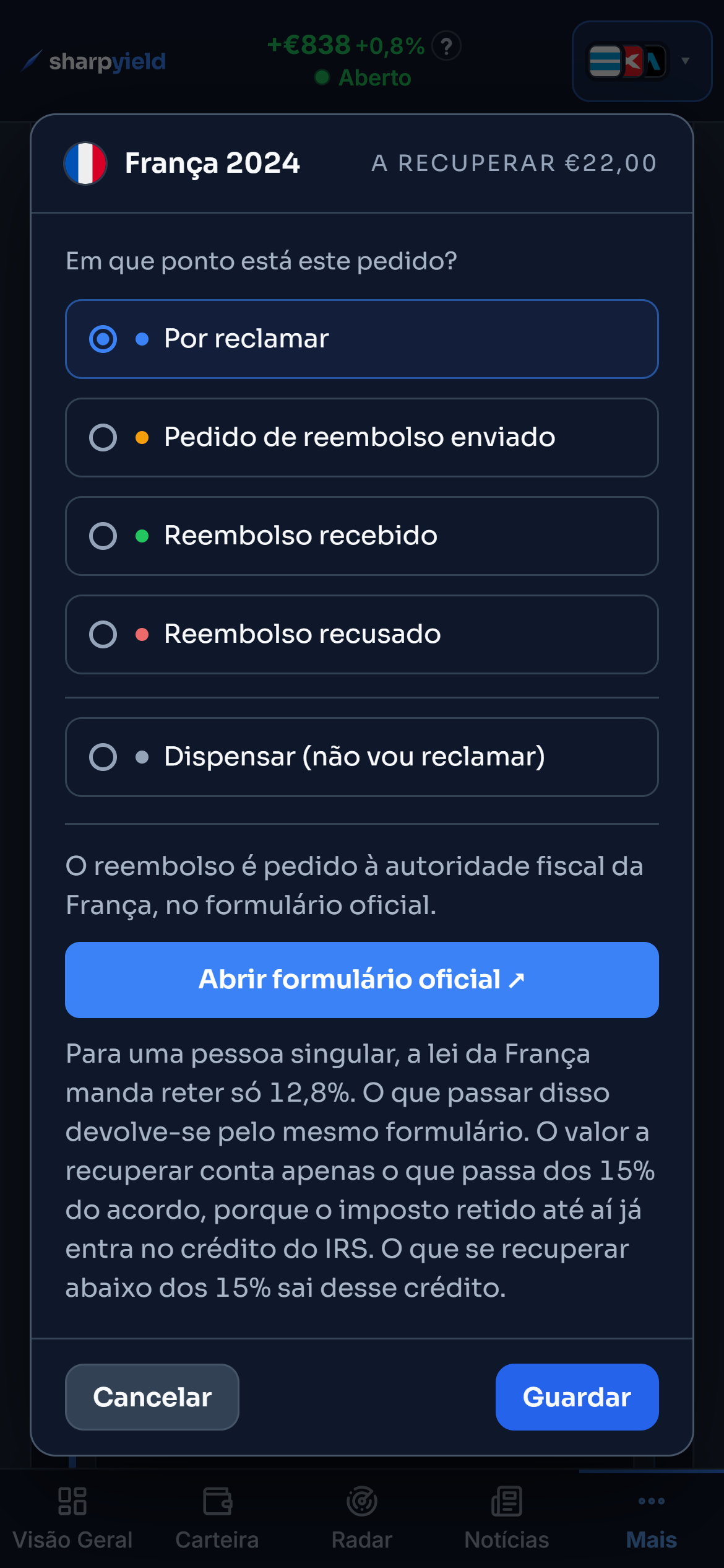 O pedido da França em 2024 no exemplo, com a França já aberta: o botão Reclamar, a janela com o caminho oficial, «Pedido de reembolso enviado» com a data de hoje e o ano a passar a «Pedido»