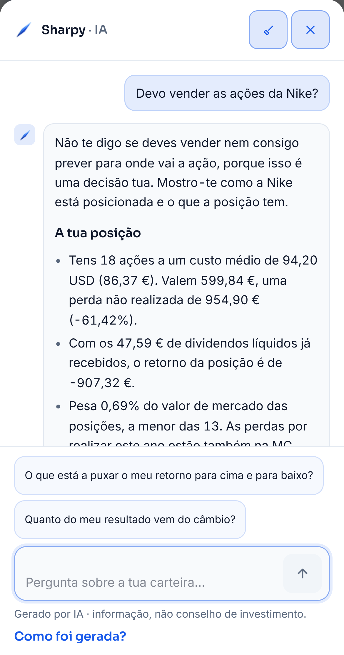 O painel do Sharpy com a pergunta «Devo vender as ações da Nike?». A resposta começa por dizer que a decisão não é do Sharpy e segue com a posição: 18 ações, o custo médio e a perda por realizar