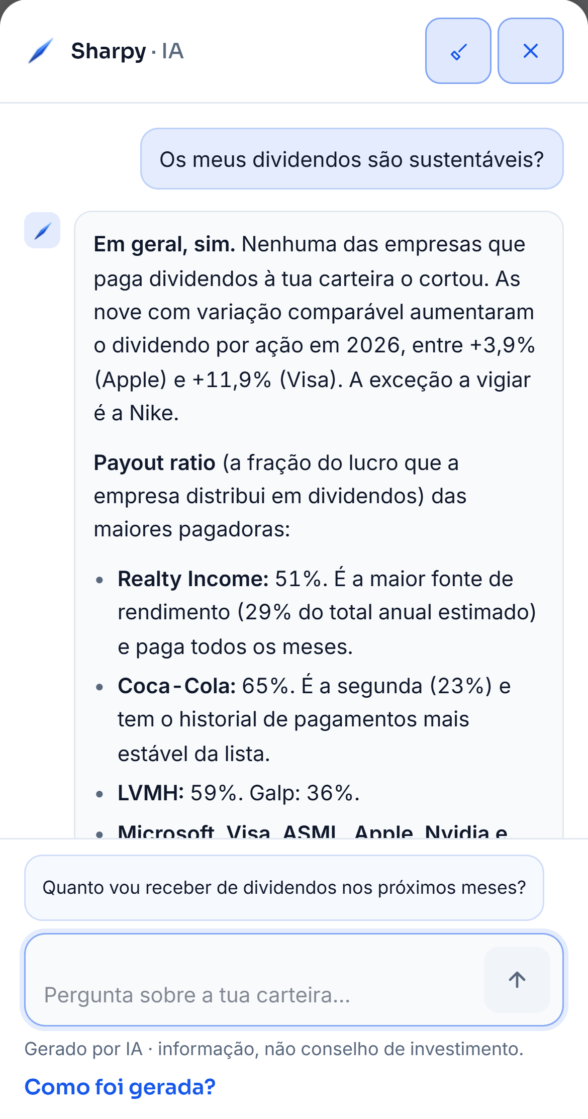 O painel do Sharpy no separador Dividendos da carteira de demonstração. A sugestão «Os meus dividendos são sustentáveis?» escreve a pergunta na caixa, a pergunta segue e a resposta chega com a parte do lucro que cada empresa distribui