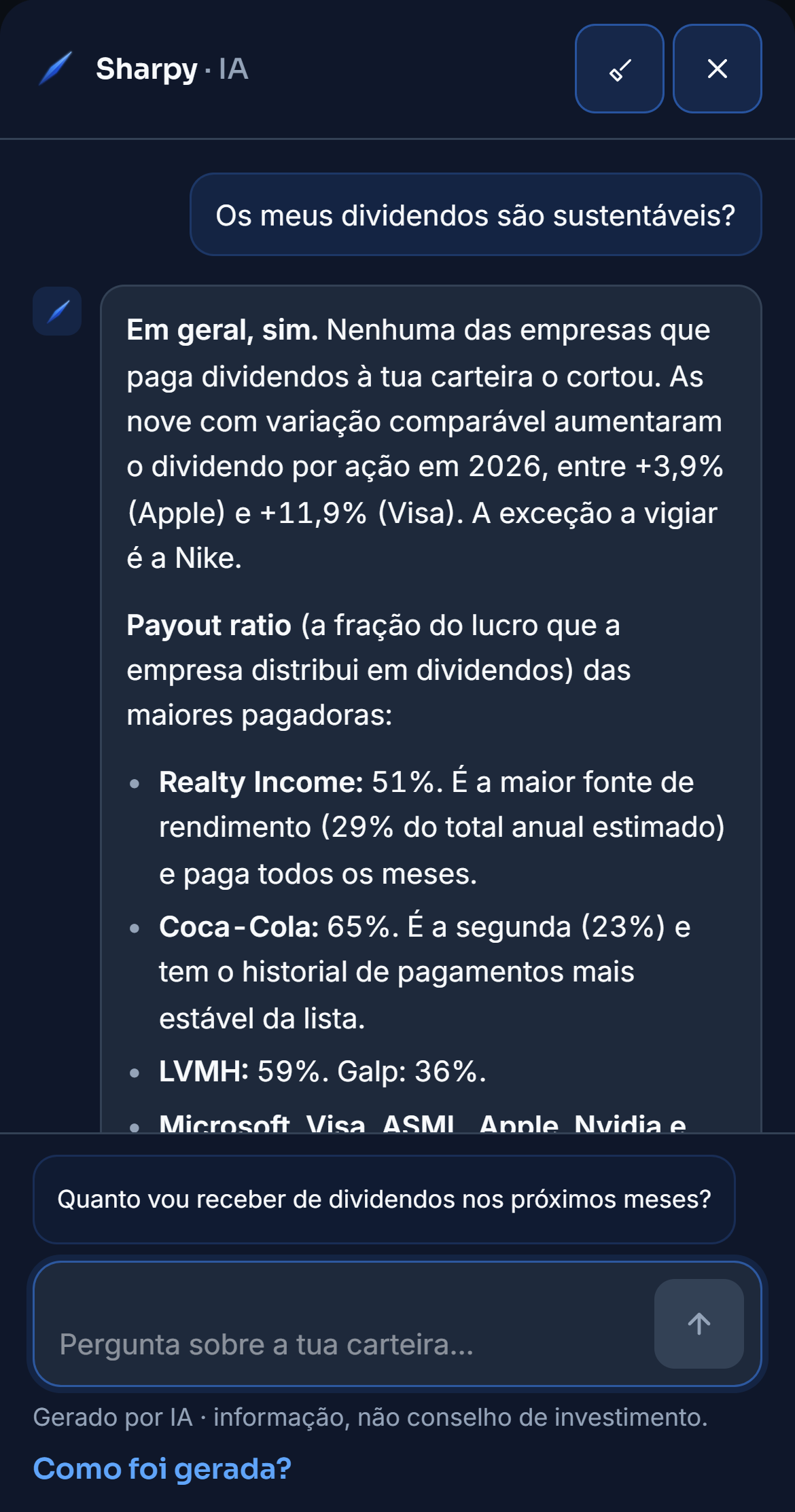 O painel do Sharpy no separador Dividendos da carteira de demonstração. A sugestão «Os meus dividendos são sustentáveis?» escreve a pergunta na caixa, a pergunta segue e a resposta chega com a parte do lucro que cada empresa distribui