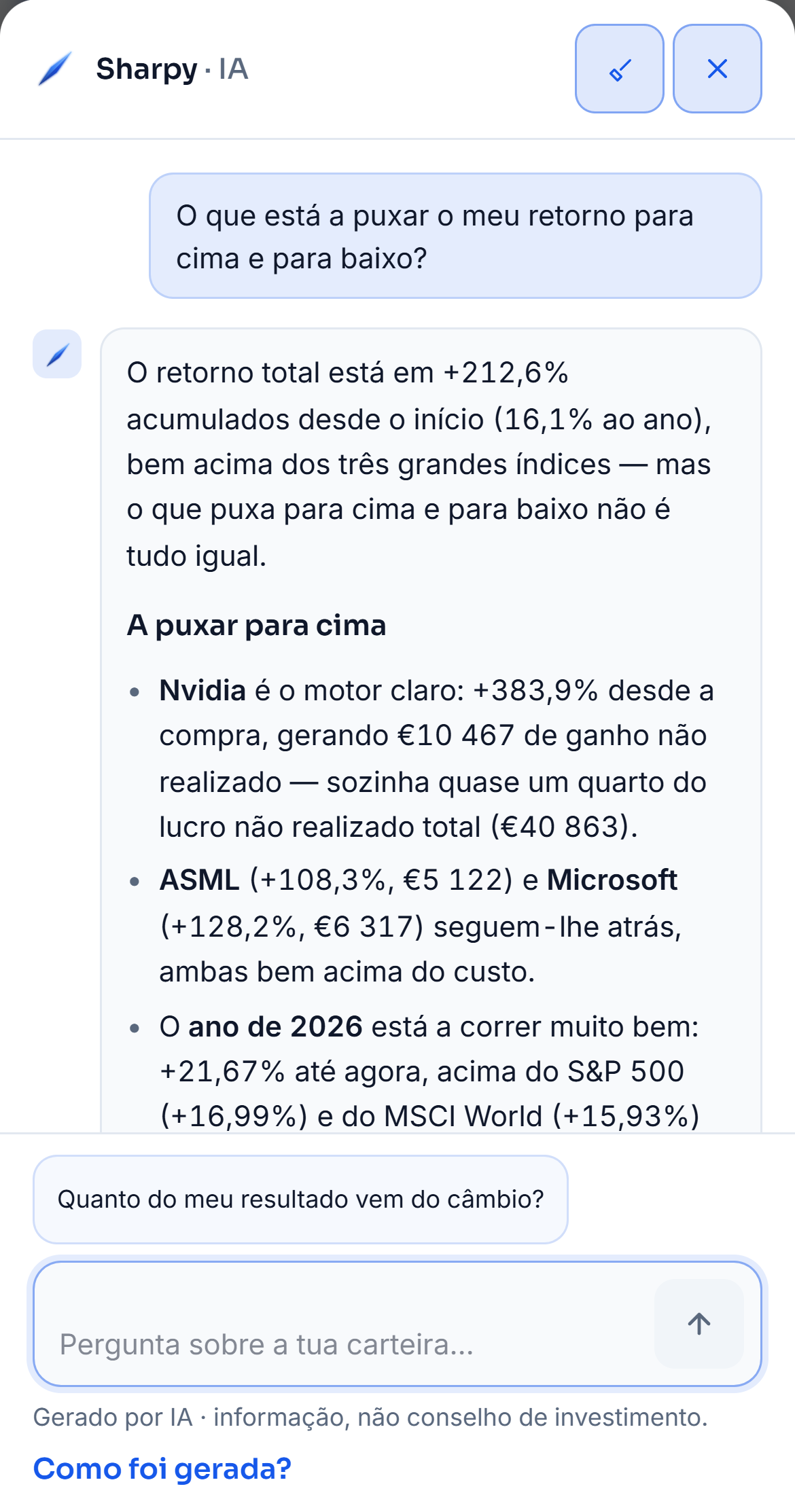 A Carteira da carteira de demonstração. O botão «O que puxa o meu retorno?» abre o Sharpy com a pergunta escrita, a pergunta segue e a resposta separa o que puxa o retorno para cima e para baixo