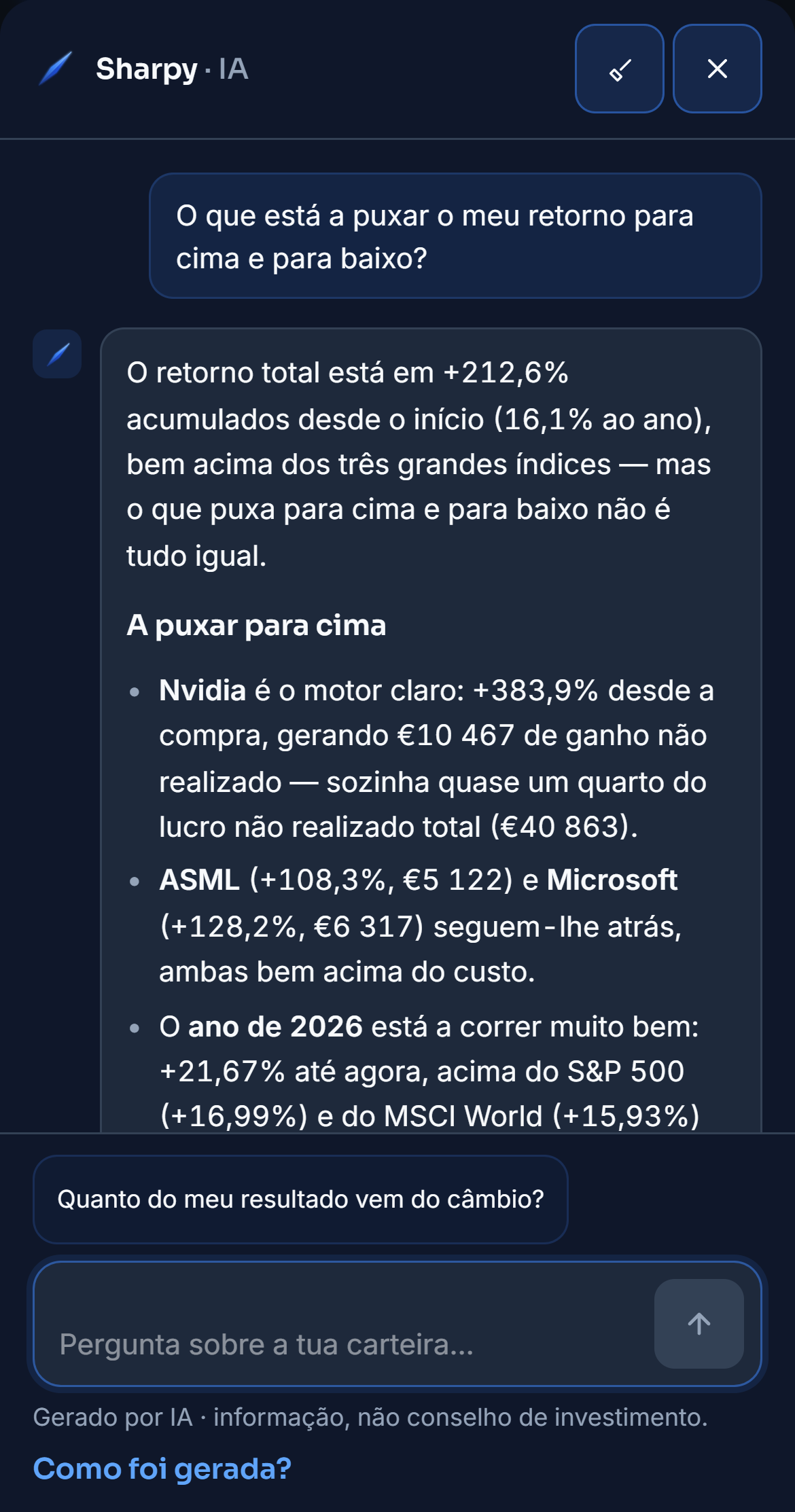 A Carteira da carteira de demonstração. O botão «O que puxa o meu retorno?» abre o Sharpy com a pergunta escrita, a pergunta segue e a resposta separa o que puxa o retorno para cima e para baixo