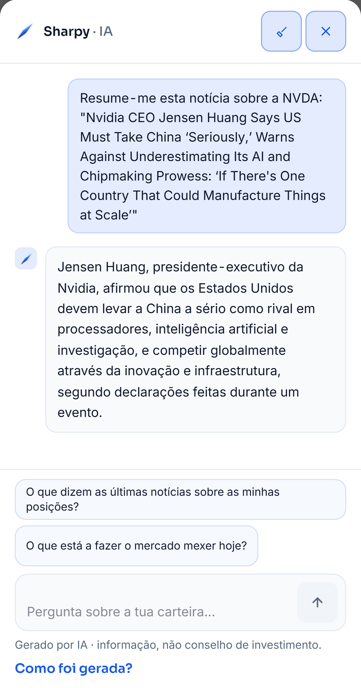 As Notícias da carteira de demonstração com o Sharpy numa coluna ao lado. A página desce até uma notícia em inglês sobre a NVIDIA, o botão «Resumir» escreve o pedido no Sharpy e o resumo chega em português