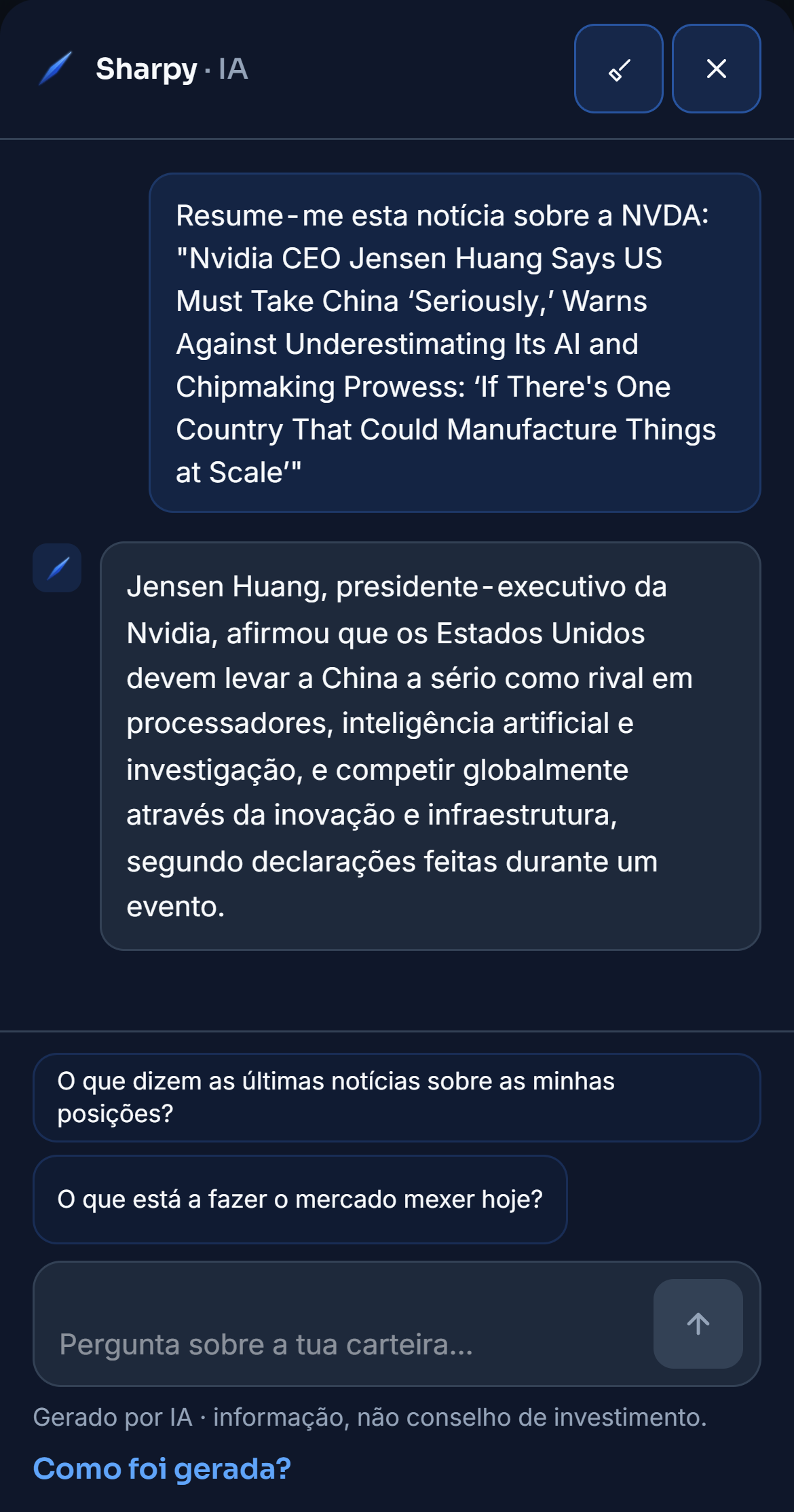 As Notícias da carteira de demonstração com o Sharpy numa coluna ao lado. A página desce até uma notícia em inglês sobre a NVIDIA, o botão «Resumir» escreve o pedido no Sharpy e o resumo chega em português